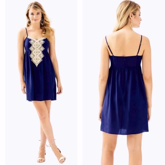 Lilly Pulitzer Kelsea Navy Blue 100% Silk Gold Embroidery Dress Womens 0 - Picture 1 of 11